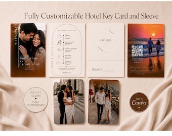 Sjabloon voor een aanpasbare hotelkamerkaart en -hoes, bewerkbare digitale Canva-download voor bruiloften, verjaardagen, groepsreizen en weekendjes weg.