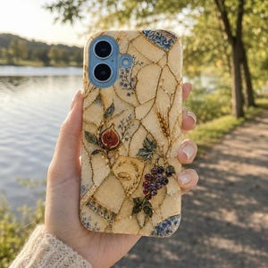 A hand holds up a mosaic-patterned phone case featuring figs, grapes, and wheat against a scenic outdoor path and water backdrop.