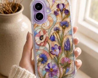 Mosaic Phone Case, Printed Wildflower Stained Glass Design with MagSafe-Compatible TPU Sides