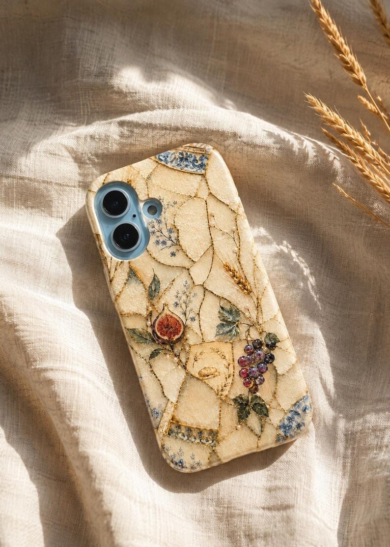 A mosaic-style phone case featuring figs and grapes rests on a textured cream fabric surface beside dry wheat stalks.
