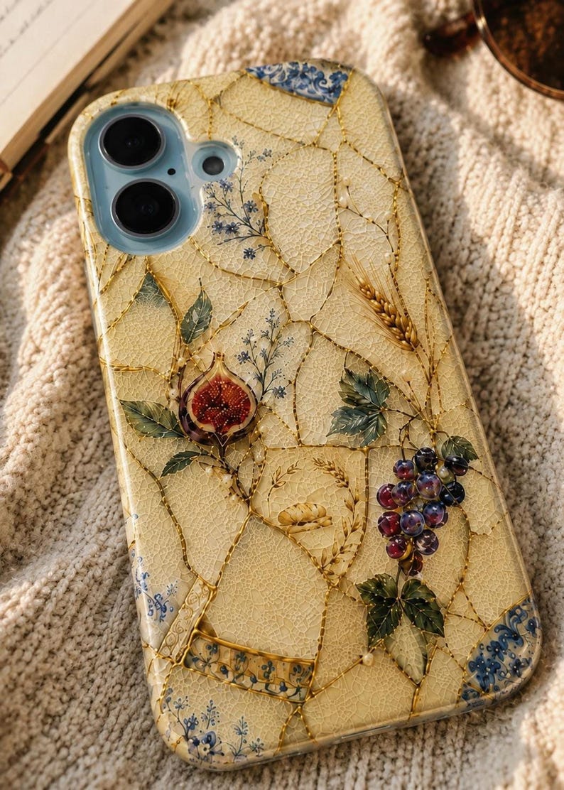 Close-up of a mosaic phone case featuring detailed paintings of figs, purple grapes, and wheat on a cream knit background.