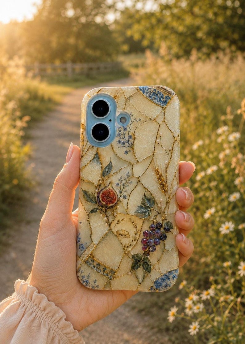 A hand holds a mosaic-patterned phone case outdoors along a dirt path flanked by greenery and small white flowers in warm sunlight.