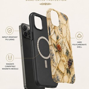 A promotional graphic displaying a dual-layer phone case in black and with a mosaic fruit pattern, highlighting its protective and MagSafe features.