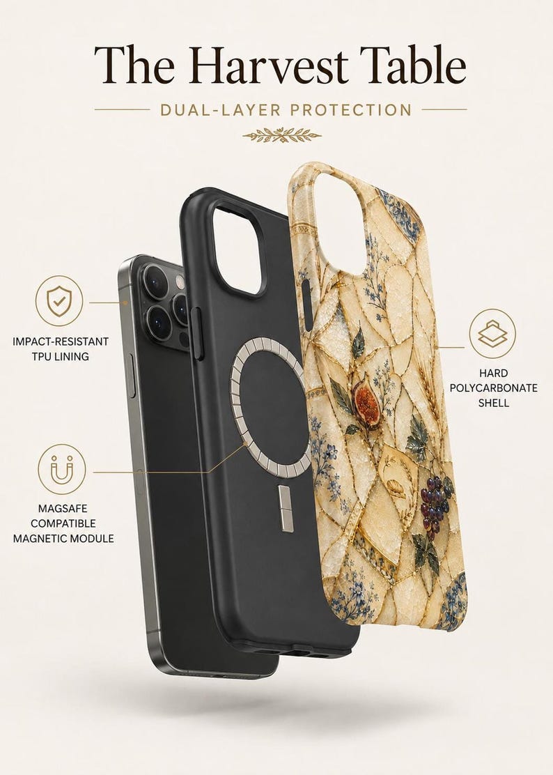 A promotional graphic displaying a dual-layer phone case in black and with a mosaic fruit pattern, highlighting its protective and MagSafe features.