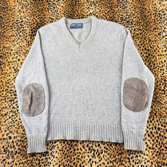 Vintage Robert Bruce Mens Gray Wool Blend V-Neck Sweater Elbow Patches 80s USA S