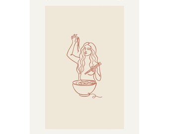 Noodle Goddess One Line Art Print, Minimalist Ramen Poster, Terracotta Boho Kitchen Wall Art, Single Line Drawing Woman