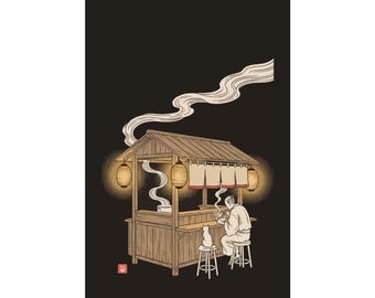 Midnight Ramen Stall Poster, Japanese Woodblock Night Print, Yatai Noodle Shop Wall Art, Cozy Kitchen Decor