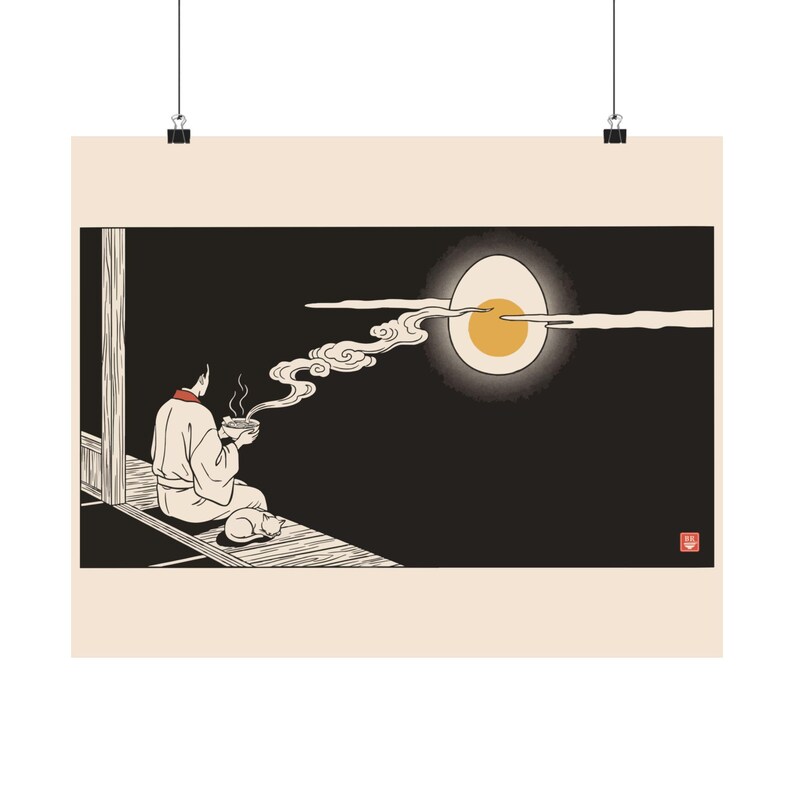 Tsukimi Night Poster, Japanese Moon Egg Art, Cozy Ramen Print image 17