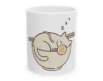 Sleepy Cat Ramen Noodle Coffee Mug, Cozy Cat Lover Gift, Ceramic Cup