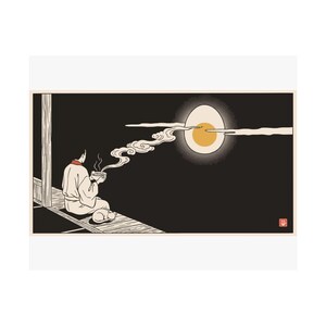 Tsukimi Night Poster, Japanese Moon Egg Art, Cozy Ramen Print image 2