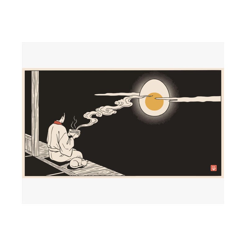 Tsukimi Night Poster, Japanese Moon Egg Art, Cozy Ramen Print image 2