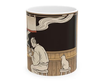 Late Night Ramen Bar Mug, Japanese Woodblock Cat Coffee Cup, Cozy Noodle Shop Ceramic Mug