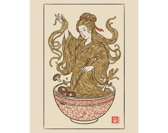 Ramen Goddess Poster, Japanese Woodblock Noodle Art, Ukiyo-e Kitchen Print