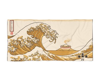 Great Wave Ramen Beach Towel, Hokusai Style Japanese Woodblock Art, Oversized Pool Towel, Ramen Lover Summer Gift