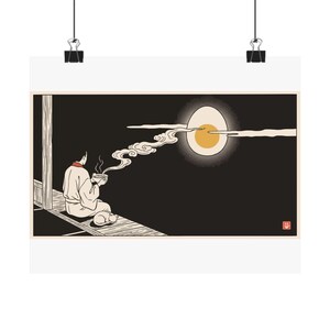 Tsukimi Night Poster, Japanese Moon Egg Art, Cozy Ramen Print image 1