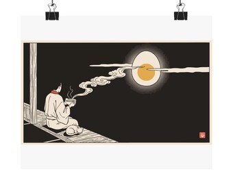 Tsukimi Night Poster, Japanese Moon Egg Art, Cozy Ramen Print