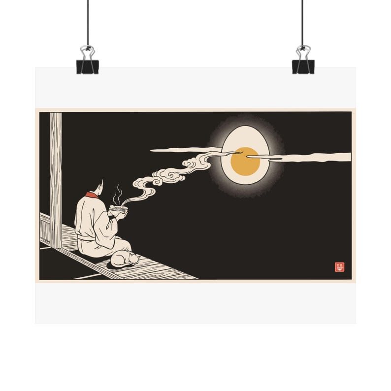 Tsukimi Night Poster, Japanese Moon Egg Art, Cozy Ramen Print image 1