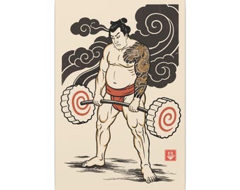 Ramen Sumo Stretched Canvas, Japanese Woodblock Gym Wall Art, Ukiyo-e Deadlift Print
