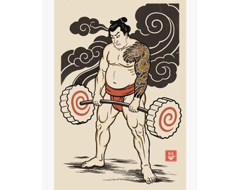 Ramen Sumo Poster, Japanese Woodblock Deadlift Art, Ukiyo-e Gym Print
