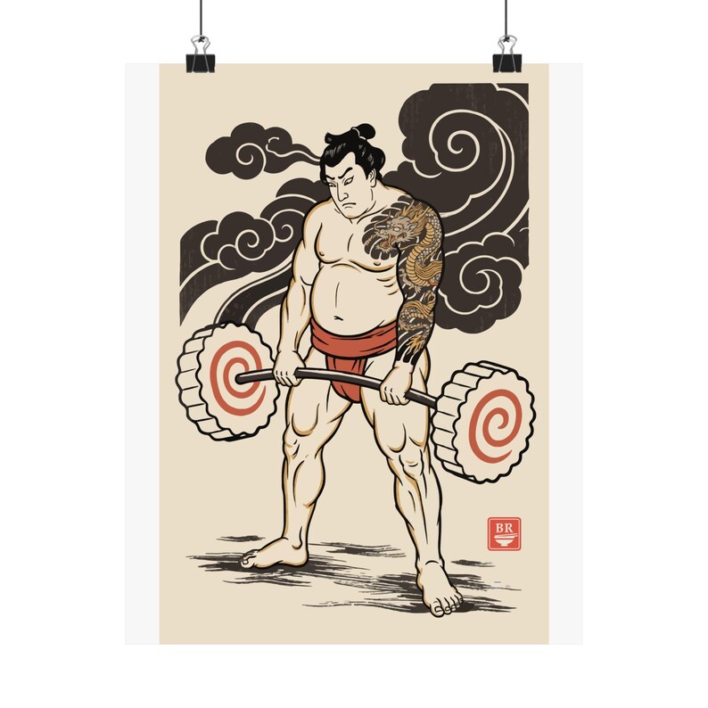 Ramen Sumo Poster, Japanese Woodblock Deadlift Art, Ukiyo-e Gym Print image 1