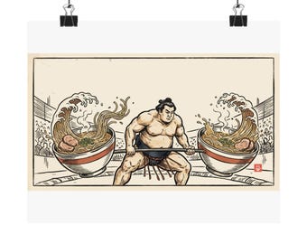 Sumo Deadlift Ramen Poster, Japanese Woodblock Gym Art, Kitchen Print
