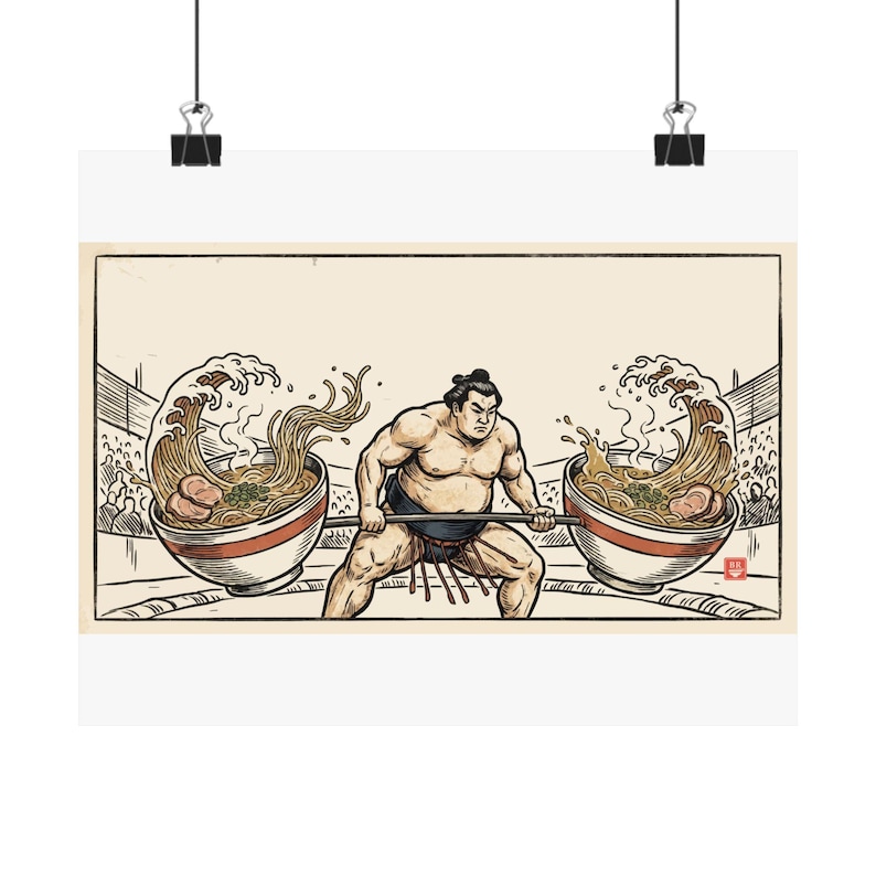 Sumo Deadlift Ramen Poster, Japanese Woodblock Gym Art, Kitchen Print image 1
