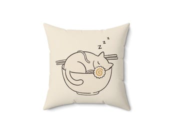 Sleeping Cat Ramen Pillow, Minimalist Line Art Throw Pillow, Cozy Cat Decor