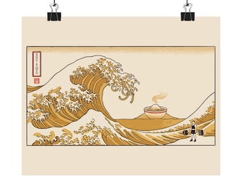 Great Wave Ramen Poster, Hokusai Style Woodblock Art, Mount Fuji Noodle Print