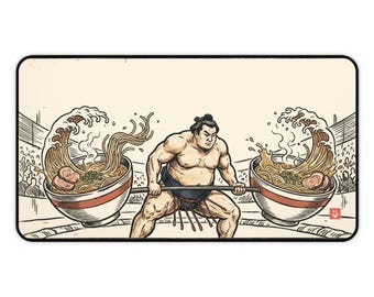 Ramen Sumo Desk Mat, Japanese Woodblock Desk Pad, Sumo Deadlift Home Office Decor