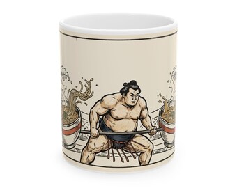 Sumo Ramen Deadlift Ceramic Mug, Japanese Woodblock Coffee Cup