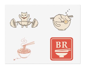 Ramen Cat Sticker Sheet, Line Art Laptop Stickers, Ramen Lover Gift