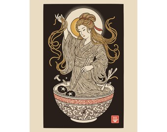 Ramen Goddess Night Poster, Japanese Moon Woodblock Art, Dark Kitchen Print
