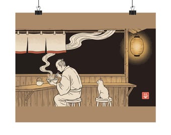 Late Night Ramen Bar Print, Japanese Woodblock Cat Poster, Cozy Noodle Shop Wall Art, Ramen Kitchen Decor