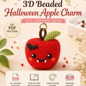 Puede incluir: Un dije de manzana hecho con cuentas 3D, con cuerpo rojo, hoja verde y un pequeño murciélago negro. La manzana tiene un rostro con ojos negros, mejillas rosadas y colmillos blancos. El texto incluye 3D Beaded Halloween Apple Charm, PDF Pattern, 25-30 Page Pattern, Step-by-Step Instructions, Clear Color Charts y Detailed Photos.