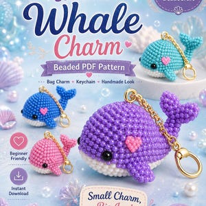 May include: A digital pattern for a 3D mini whale charm by Amelia BeadsCraft. The image displays three beaded whale charms in purple, blue, and pink, each with a gold keychain attachment and a small heart detail. Text includes 3D Mini Whale Charm.