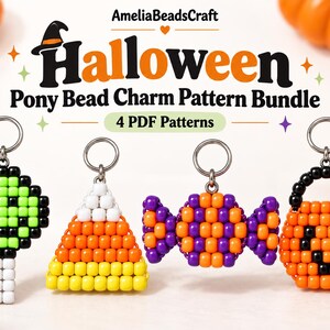 May include: Four Halloween-themed pony bead charms featuring a green lollipop, a candy corn triangle, a purple and orange wrapped candy, and an orange pumpkin bucket. Each charm includes a silver metal keyring. Text reads AmeliaBeadsCraft Halloween Pony Bead Charm Pattern Bundle 4 PDF Patterns.