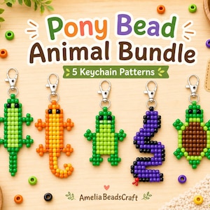 May include: A digital PDF pattern bundle for five pony bead animal keychains, featuring designs of a green lizard, orange lizard, green frog, purple snake, and green turtle, each with a silver metal lobster clasp attached to the top.