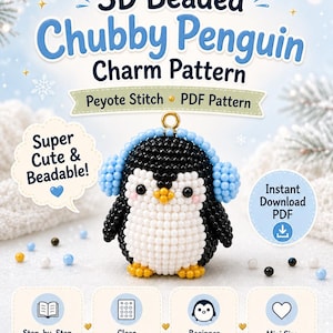 Może przedstawiać: Wzór PDF na zawieszkę z koralików 3D przedstawiający czarno-białego pingwina w jasnoniebieskich nausznikach. Tekst zawiera 3D Beaded Chubby Penguin Charm Pattern, Peyote Stitch, PDF Pattern, Super Cute & Beadable oraz Mini Size (~3,8-5 cm).