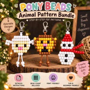 May include: Three pony bead keychains featuring animal designs: a white sheep, a brown and yellow lion, and a red and white snowman. Each keychain has a metal lobster clasp. The text reads PONY BEADS Animal Pattern Bundle STEP-BY-STEP PDF PATTERNS.