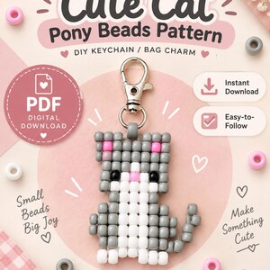 Pony Beads Cat Pattern PDF • Printable Kawaii Kitty Beads Keychain Tutorial • 90s Bead Pet Craft Backpack Charm DIY | Digital Download