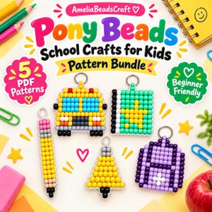 Puede incluir: Un paquete de patrones digitales titulado AmeliaBeadsCraft Pony Beads School Crafts for Kids que presenta cinco diseños de cuentas: un autobús escolar amarillo, un cuaderno verde con una estrella amarilla, un lápiz amarillo, una campana y una mochila morada.