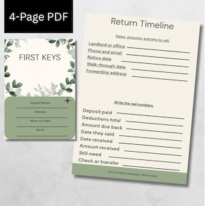 May include: A 4-page PDF document template featuring a Return Timeline and First Keys section. The design includes green watercolor leaf accents, dark green text fields, and lines for recording landlord contact info, deposit details, and move-out dates.