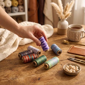 May include: A collection of seven cylindrical spools of variegated sewing thread in shades of purple, blue, red, teal, and green, arranged on a wooden surface alongside a small ceramic bowl filled with round wooden beads and metal scissors.