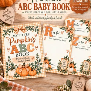 Peut inclure: Un ensemble de livre ABC pour bébé à imprimer avec un thème de citrouilles et de fleurs et des bordures à carreaux orange. Les pages incluent du texte comme My Little Pumpkin's ABC Book, M is for, R is for et Z is for.