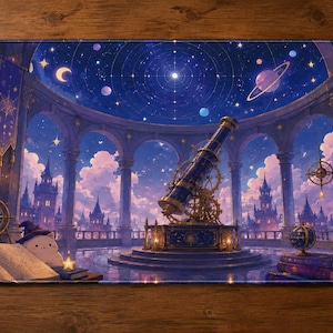 May include: A rectangular desk mat featuring a detailed illustration of an observatory with a large telescope, a starry night sky, planets, and a small white creature wearing a wizard hat next to an open book, all set within a stone archway.
