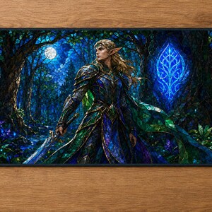 May include: A rectangular desk mat featuring a stained glass style illustration of an elf warrior in blue and green armor holding a sword. The scene depicts a dark forest at night with a full moon and a glowing blue emblem in the background.