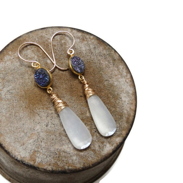 White Moonstone & Shimmering Blue Druzy Gold Filled Dangle Earrings