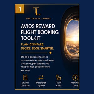 May include: A digital flyer for The Travel Ledger Avios Reward Flight Booking Toolkit. It features a dark blue background, an airplane window view of a sunset over clouds, and text detailing an Excel toolkit for comparing Avios versus cash.