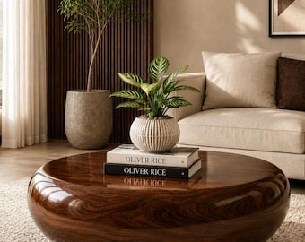 Round Solid Round Coffee Table, Modern Pebble Wood Table, Minimalist Low Center Table, Japandi Walnut Wood Living Room Table