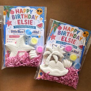 May include: Two clear plastic bags containing plaster painting kits for a birthday party. Each kit includes a white plaster figure, a paintbrush, small paint pots, and pink paper filler. The instructional cards feature the text Happy Birthday Elsie.